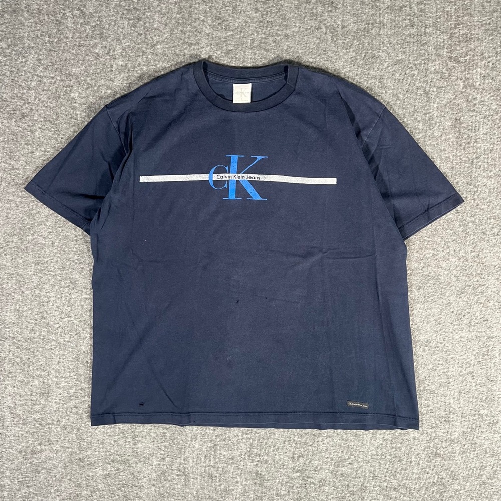 Vintage 90s Calvin Klein Jeans Mens Size Large Navy Blue Graphic Logo Tshirt
